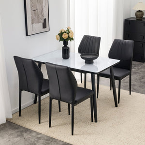 English Elm Table and Chair Set with Marble Glass Top Conical Legs and Four Pu Dining Seats W1151S04661