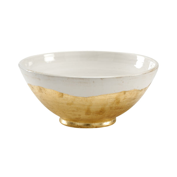 Wildwood Centerpiece Italian Ceramic Bowl With White Glaze & Hand-Applied Gold Leaf — Sculptural 12" Accent 295202