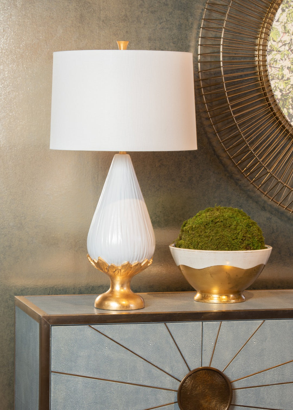 Wildwood Centerpiece Italian Ceramic Bowl With White Glaze & Hand-Applied Gold Leaf — Sculptural 12" Accent 295202