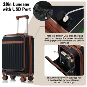 English Elm Luggage 3 Piece Abs Hard Shell Set with Usb Port Front Access and Spinner Wheels Black N726P307555A