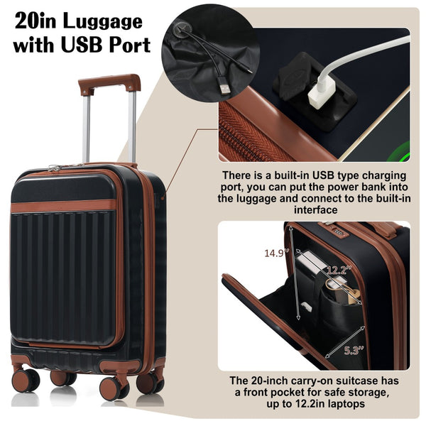 English Elm Luggage 3 Piece Abs Hard Shell Set with Usb Port Front Access and Spinner Wheels Black N726P307555A