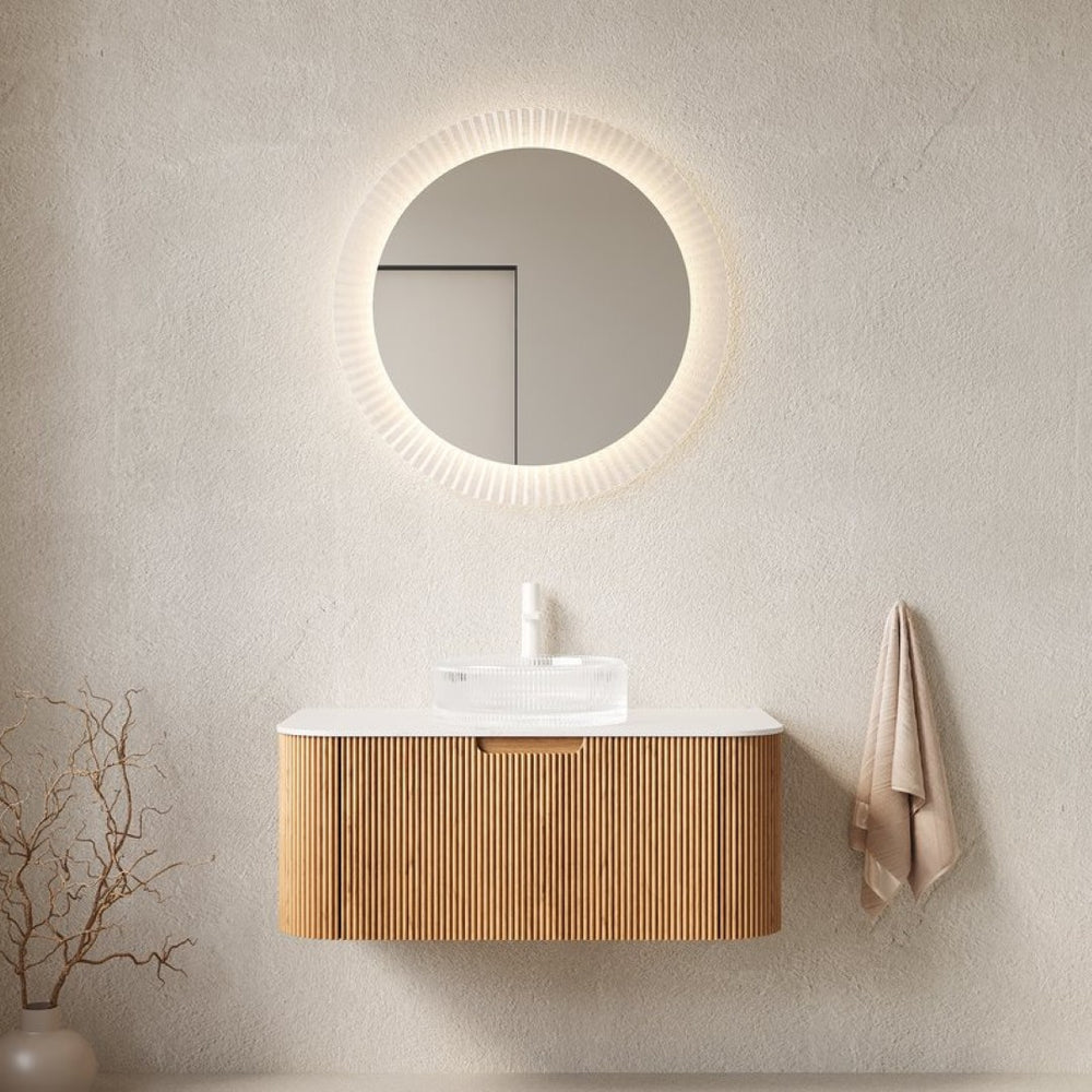 English Elm Dina Floating Bathroom Vanity Sintered Stone Top Glass Basin Striped Plywood Cabinet W2615S00446