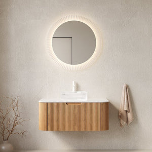 English Elm Dina Floating Bathroom Vanity Sintered Stone Top Glass Basin Striped Plywood Cabinet W2615S00446