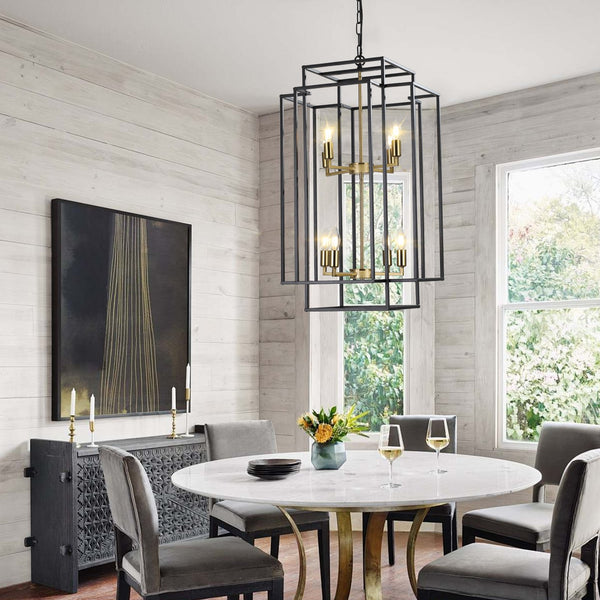 English Elm 18" Modern 8-Light Geometric Pendant Chandelier, Industrial Metal Frame, Adjustable 60" Drop, Stylish Lighting Black+Gold W2312P374788