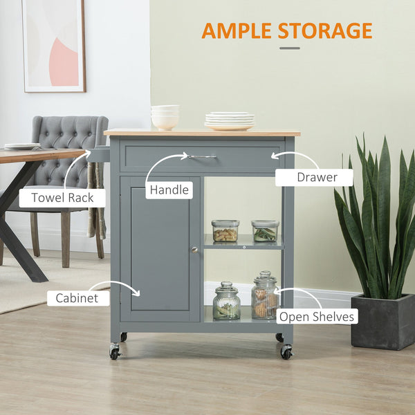 English Elm HOMCOM Mobile Kitchen Island Cart with Solid Wood Top, Drawer, Cabinet & Towel Rack for Dining Room Grey W2225P217391
