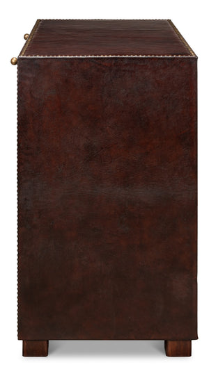 Sarreid Studded Antique Leather Chest - Elegant Brown Wood Design With Brass Handle & Decorative Tacks Brown  29541