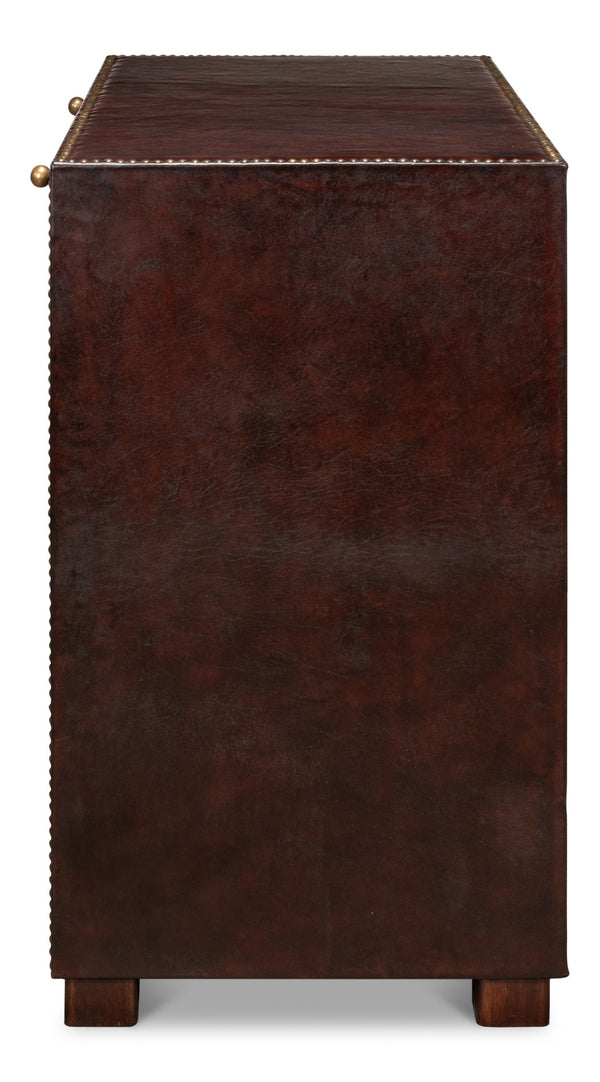 Sarreid Studded Antique Leather Chest - Elegant Brown Wood Design With Brass Handle & Decorative Tacks Brown  29541