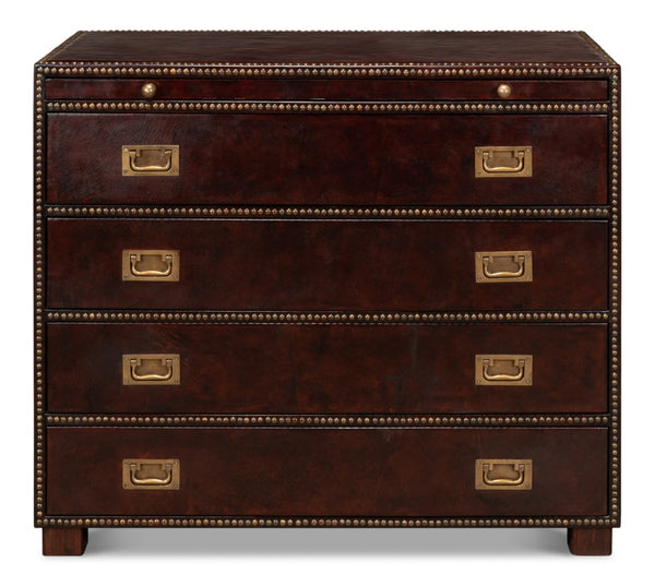 Sarreid Studded Antique Leather Chest - Elegant Brown Wood Design With Brass Handle & Decorative Tacks Brown  29541