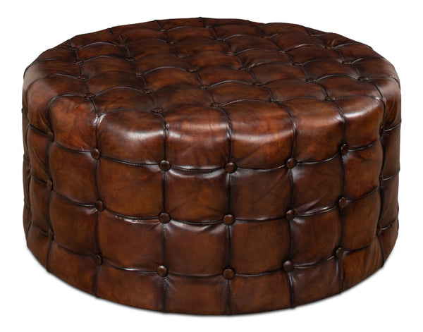 Sarreid Leather Tufted Ottoman – Luxurious Full Grain Goat Leather With Antique Brown Finish For Stylish Decor Brown  29549
