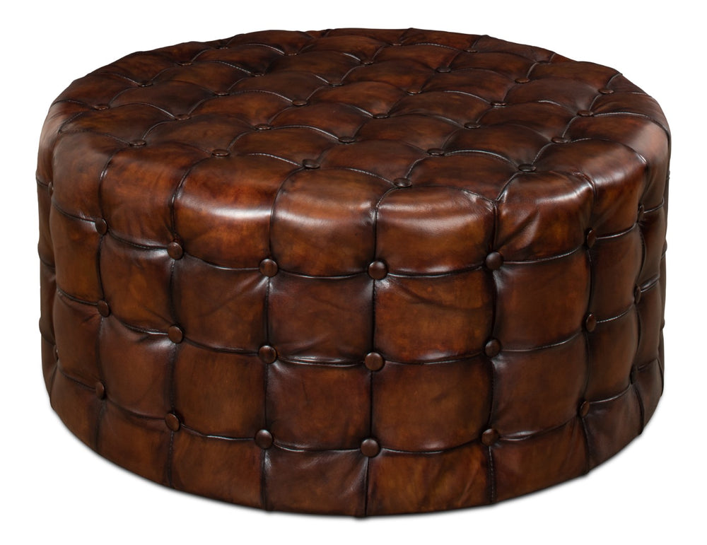 Sarreid Leather Tufted Ottoman – Luxurious Full Grain Goat Leather With Antique Brown Finish For Stylish Decor Brown  29549
