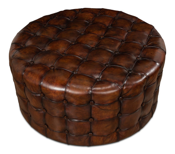 Sarreid Leather Tufted Ottoman – Luxurious Full Grain Goat Leather With Antique Brown Finish For Stylish Decor Brown  29549