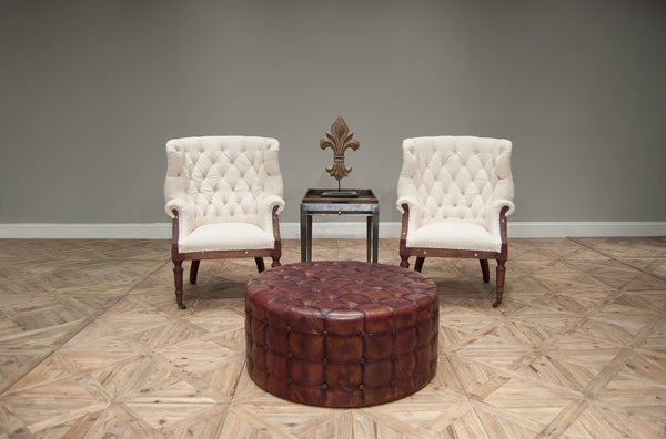 Sarreid Leather Tufted Ottoman – Luxurious Full Grain Goat Leather With Antique Brown Finish For Stylish Decor Brown  29549