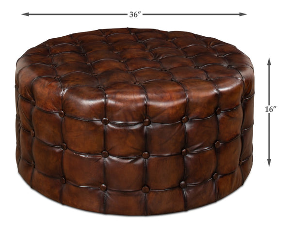 Sarreid Leather Tufted Ottoman – Luxurious Full Grain Goat Leather With Antique Brown Finish For Stylish Decor Brown  29549
