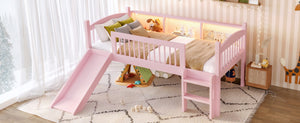 English Elm Twin Low Loft Bed Solid Pine Frame with Built-in Led Lighting and Storage Shelves Pink W1580P395929