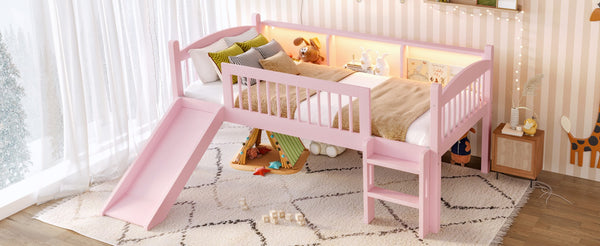 English Elm Twin Low Loft Bed Solid Pine Frame with Built-in Led Lighting and Storage Shelves Pink W1580P395929