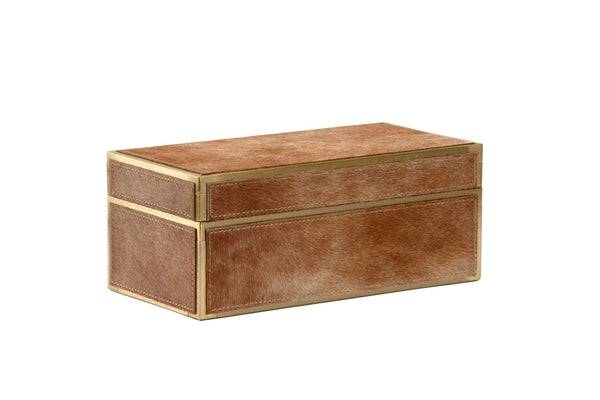 Wildwood Boxed Tan Hair-On-Hide Storage Box With Brass Trim, Felt-Lined Interior, Removable Lid, 5X12x6" Stylish Organizer 295604
