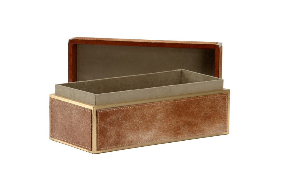 Wildwood Boxed Tan Hair-On-Hide Storage Box With Brass Trim, Felt-Lined Interior, Removable Lid, 5X12x6" Stylish Organizer 295604