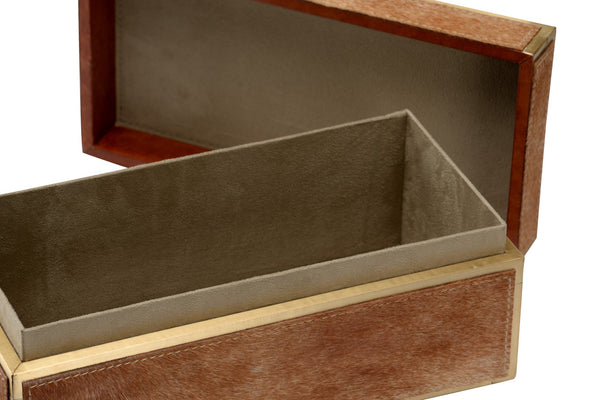 Wildwood Boxed Tan Hair-On-Hide Storage Box With Brass Trim, Felt-Lined Interior, Removable Lid, 5X12x6" Stylish Organizer 295604