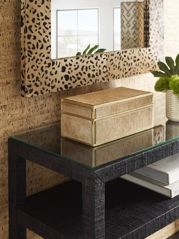 Wildwood Boxed Tan Hair-On-Hide Storage Box With Brass Trim, Felt-Lined Interior, Removable Lid, 5X12x6" Stylish Organizer 295604