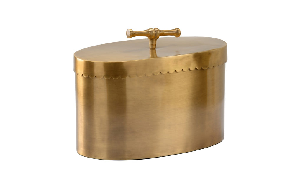 Wildwood Buttercup Brass Decorative Storage Box With Scalloped Edge, Bamboo Handle & Antique Brass Patina For Elegant Organization And Display 9h x 12w x 7d 295625