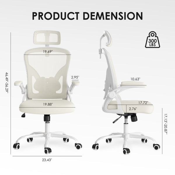 English Elm Ergonomic High Back Mesh Desk Chair with Flip up Arms and Adjustable Lumbar Support Beige,White T3623P434264