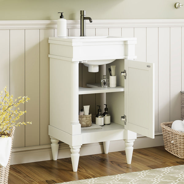 English Elm 18-Inch Modern Bathroom Vanity with Sink Compact Retro Design Durable MDF & Solid Wood Legs Storage-Friendly White N710P257401K