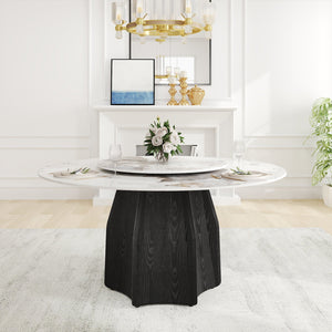 English Elm 59.05" Round Marble Dining Table With Lazy Susan, Black Oak Base, Seats 6-8, Elegant & Durable Design W1535S00460