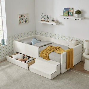 English Elm Twin Boucle Upholstered Kids Bed with Guardrails Built in Storage and Cushioned Step Stool Beige W1413P433364