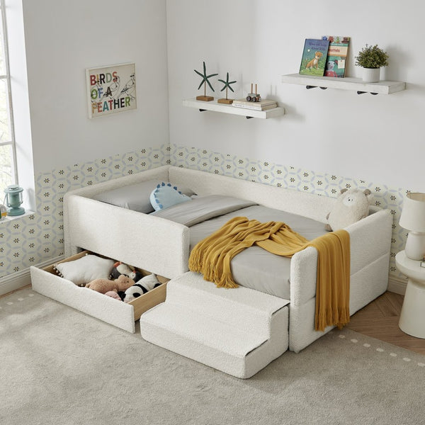 English Elm Twin Boucle Upholstered Kids Bed with Guardrails Built in Storage and Cushioned Step Stool Beige W1413P433364