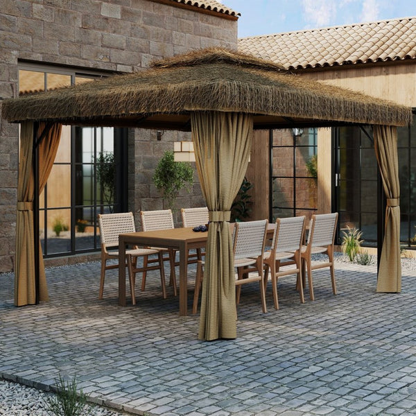 English Elm Outdoor Hawaiian Tiki Gazebo with Pe Thatch Roof Aluminum Frame and Mosquito Net T3963S00001