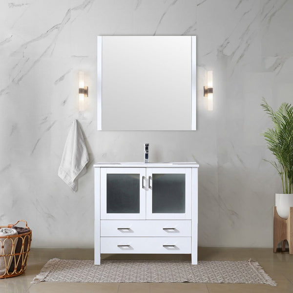 English Elm White 36 in. Bathroom Vanity with Scratch-Resistant White Ceramic Top, Chrome Faucet & 34" Mirror B2731S01288