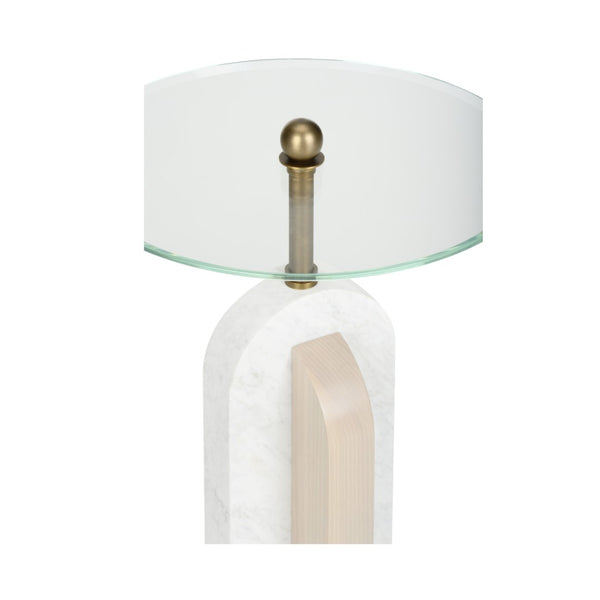 Wildwood Channarock Sculptural Accent Table With Carrara Marble, Rift-Cut Oak & Antique Brass — Art Deco Flair 295813