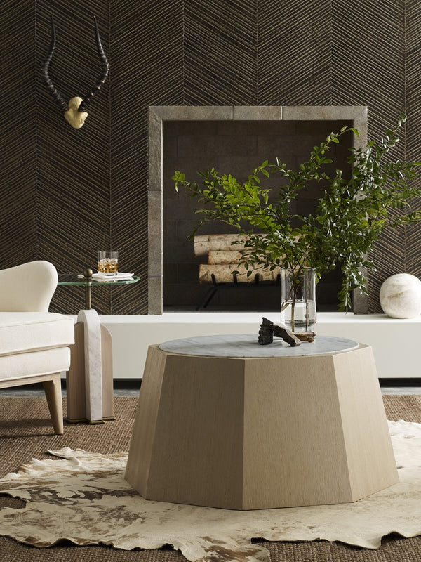 Wildwood Channarock Sculptural Accent Table With Carrara Marble, Rift-Cut Oak & Antique Brass — Art Deco Flair 295813