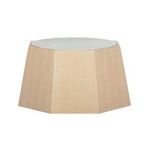 Wildwood Laurence Honed Carrera Marble Coffee Table With Rift-Cut White Oak Faceted Base, Minimal Luxe Design 295816