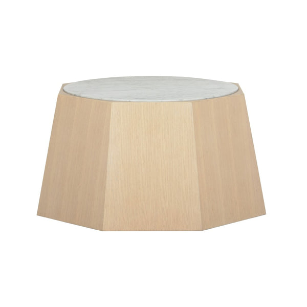 Wildwood Laurence Honed Carrera Marble Coffee Table With Rift-Cut White Oak Faceted Base, Minimal Luxe Design 295816