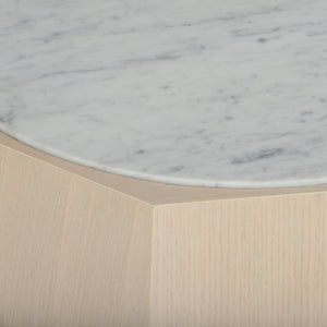 Wildwood Laurence Honed Carrera Marble Coffee Table With Rift-Cut White Oak Faceted Base, Minimal Luxe Design 295816