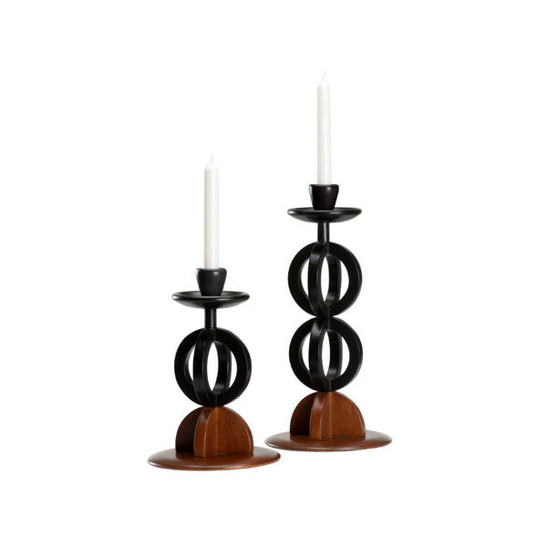 Wildwood Kate Walnut & Black Lacquer Candlesticks Set Of 2 — Sculptural Interlocking Circles, Pillar/Taper Ready, 13.5" H 295834