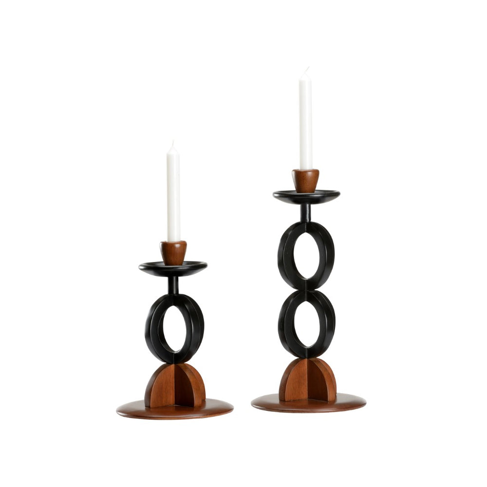 Wildwood Kate Walnut & Black Lacquer Candlesticks Set Of 2 — Sculptural Interlocking Circles, Pillar/Taper Ready, 13.5" H 295834