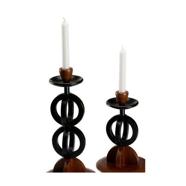 Wildwood Kate Walnut & Black Lacquer Candlesticks Set Of 2 — Sculptural Interlocking Circles, Pillar/Taper Ready, 13.5" H 295834