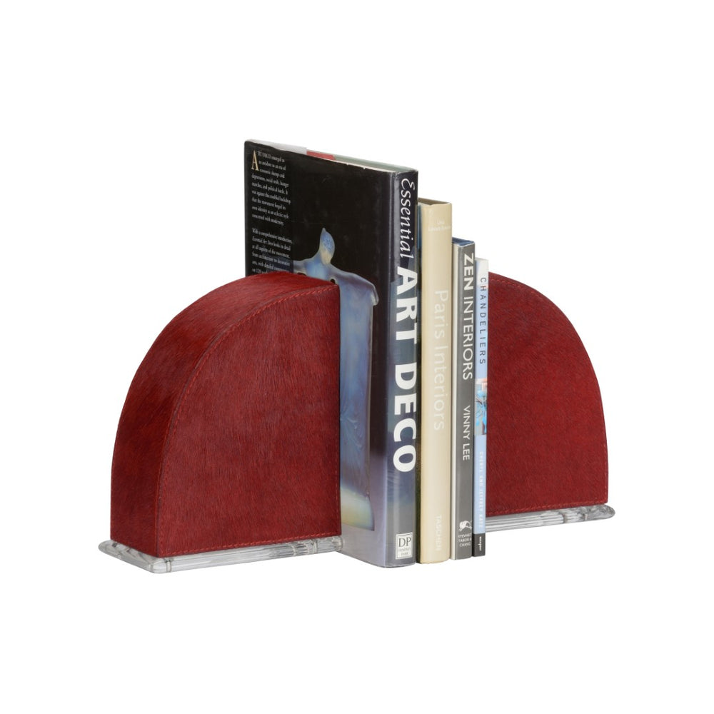 Wildwood Taurus Red Hair-On-Hide Bookends With Acrylic Base And Antique Brass Accents — Sculptural Shelf Elegance 295836
