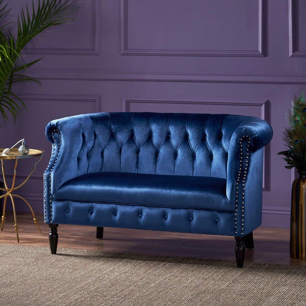 English Elm Christopher Knight Home® - LOVESEAT Chesterfield Velvet Loveseat with Deep Button Tufting, Scrolled Arms & Nailhead Trim for Elegant Comfort Navy Blue 61203.00NVLTNBL