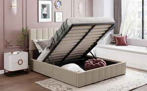English Elm Queen Linen Upholstered Platform Bed with Hydraulic Lift Storage and Padded Headboard N708P201552A