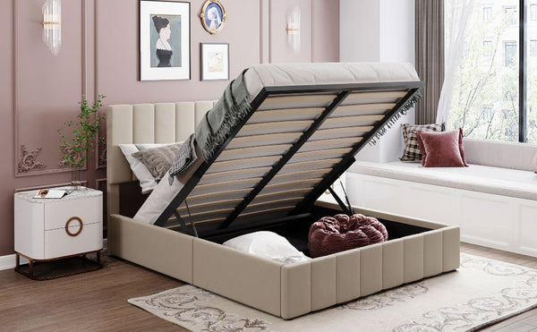 English Elm Queen Linen Upholstered Platform Bed with Hydraulic Lift Storage and Padded Headboard N708P201552A