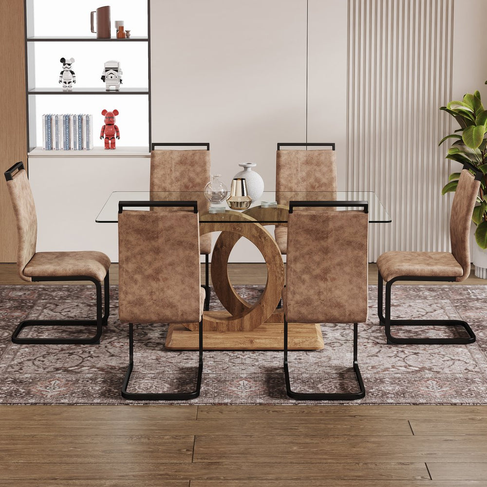 English Elm 1 Contemporary Dining Set With Clear Tempered Glass Table & 6 Brown Fabric Chairs For Modern Homes W1151S04028