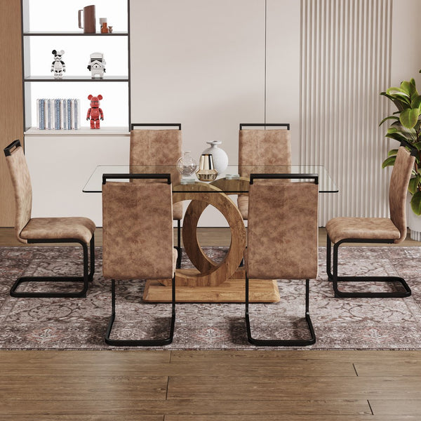 English Elm 1 Contemporary Dining Set With Clear Tempered Glass Table & 6 Brown Fabric Chairs For Modern Homes W1151S04028