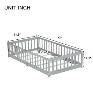 English Elm Twin Low Profile Rubberwood Floor Bed with Full Safety Fence for Toddler Rooms Grey W504P429267