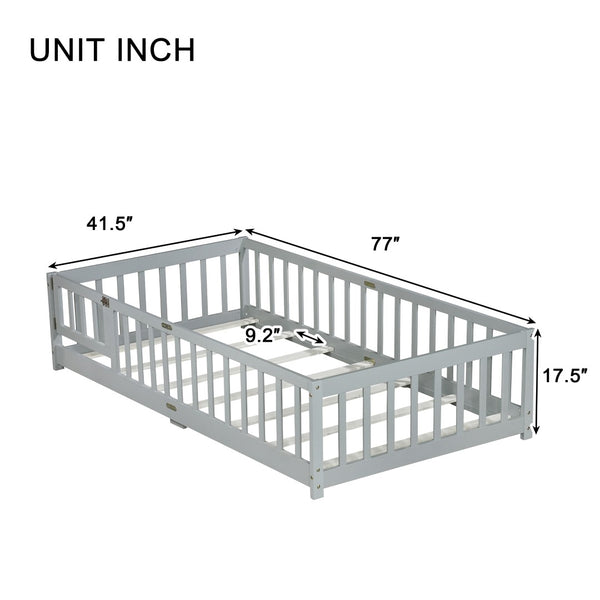 English Elm Twin Low Profile Rubberwood Floor Bed with Full Safety Fence for Toddler Rooms Grey W504P429267