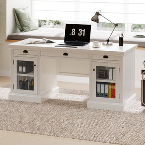 English Elm 67" White Executive Desk with Cabinet Storage Drawers and Usb Ports for Home Office N751S415499K