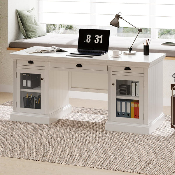 English Elm 67" White Executive Desk with Cabinet Storage Drawers and Usb Ports for Home Office N751S415499K