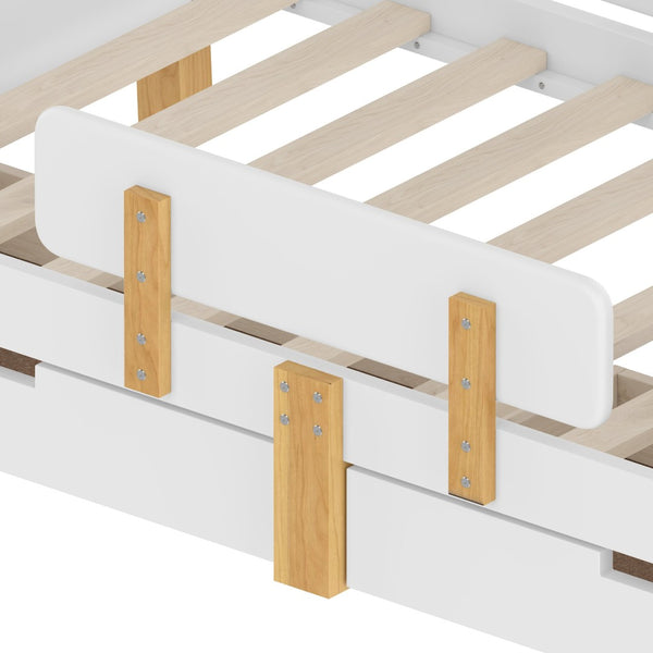 English Elm Twin Low Profile Kids Floor Bed Pine Wood Frame with Safety Rail and Built in Bookshelf Light White W1580P373241